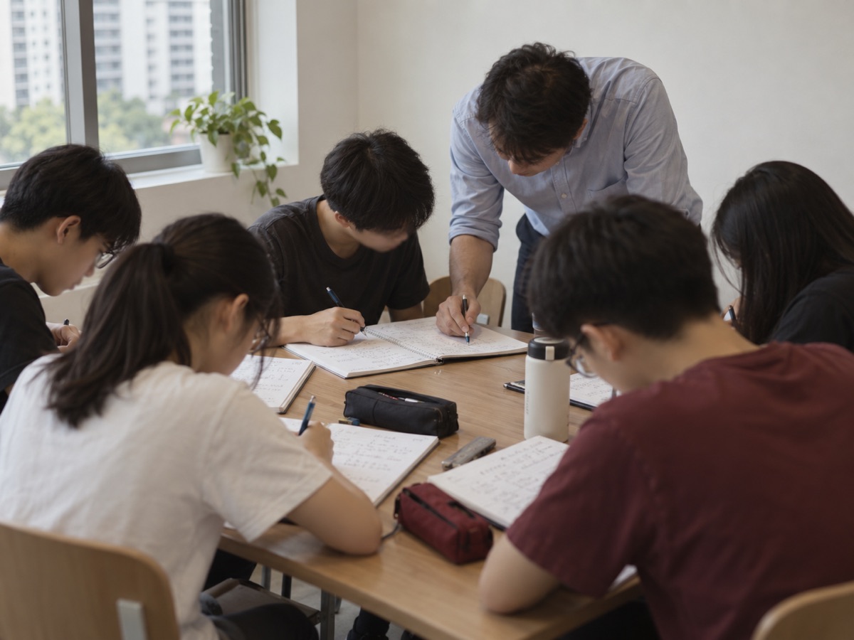 A tutor leans over one student's working at a table of five students