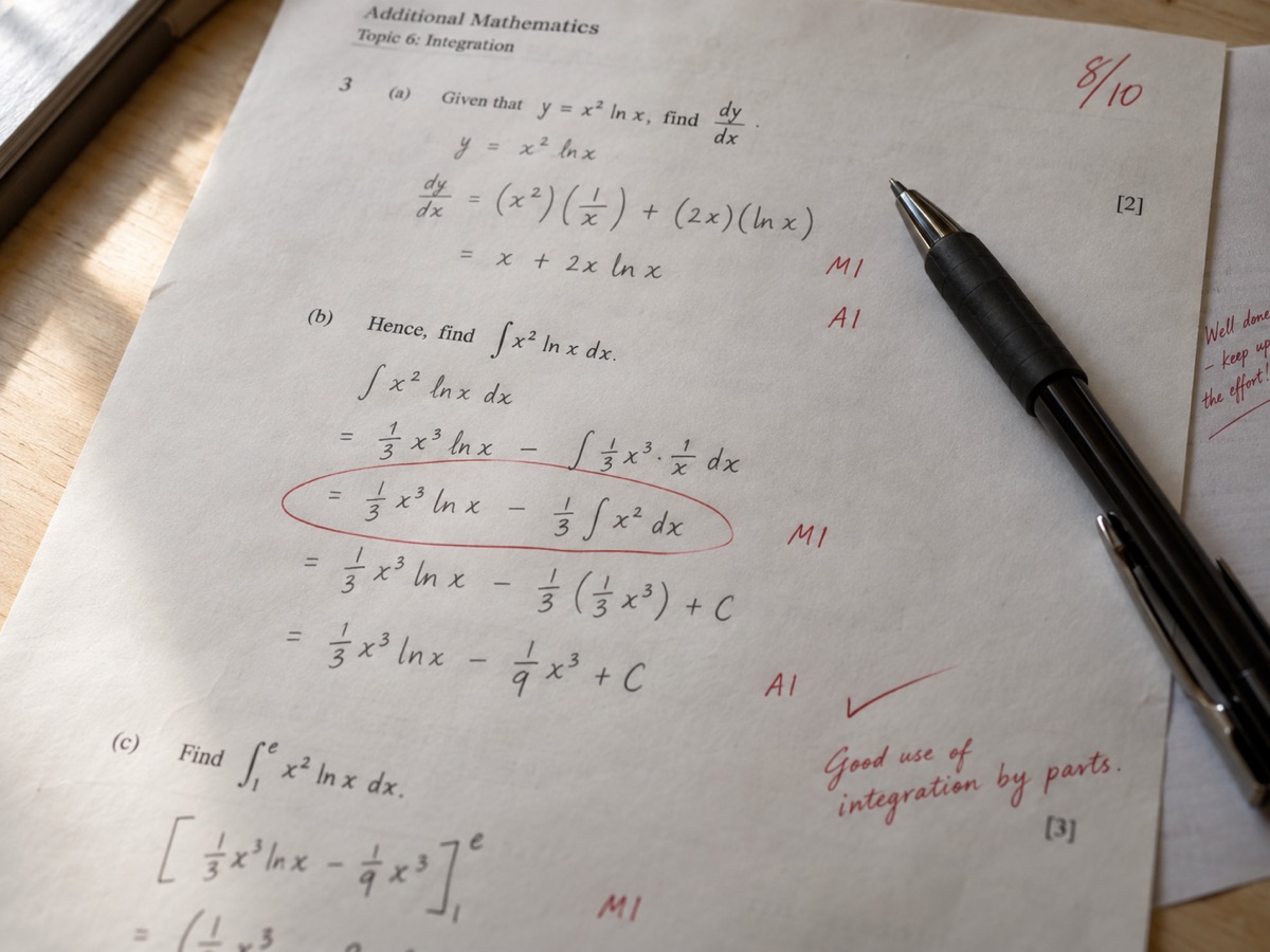 A returned Additional Mathematics worksheet annotated in red pen with M1 and A1 marks and one step circled