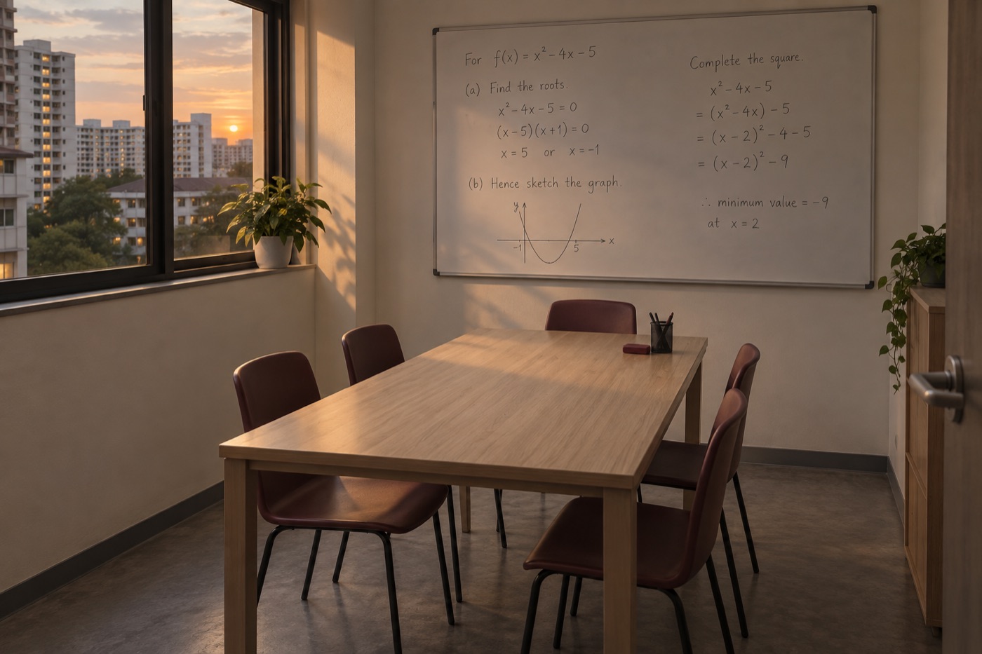 The classroom at dusk: one table, five chairs, maths working still on the whiteboard