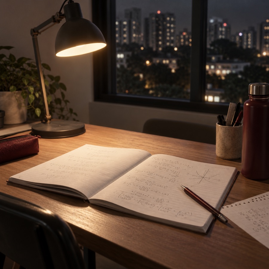A study table in the evening, lamp on, exercise book open