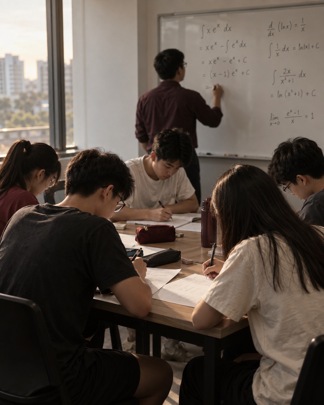 A small class of five students writing at one table while the tutor works through integration on the whiteboard